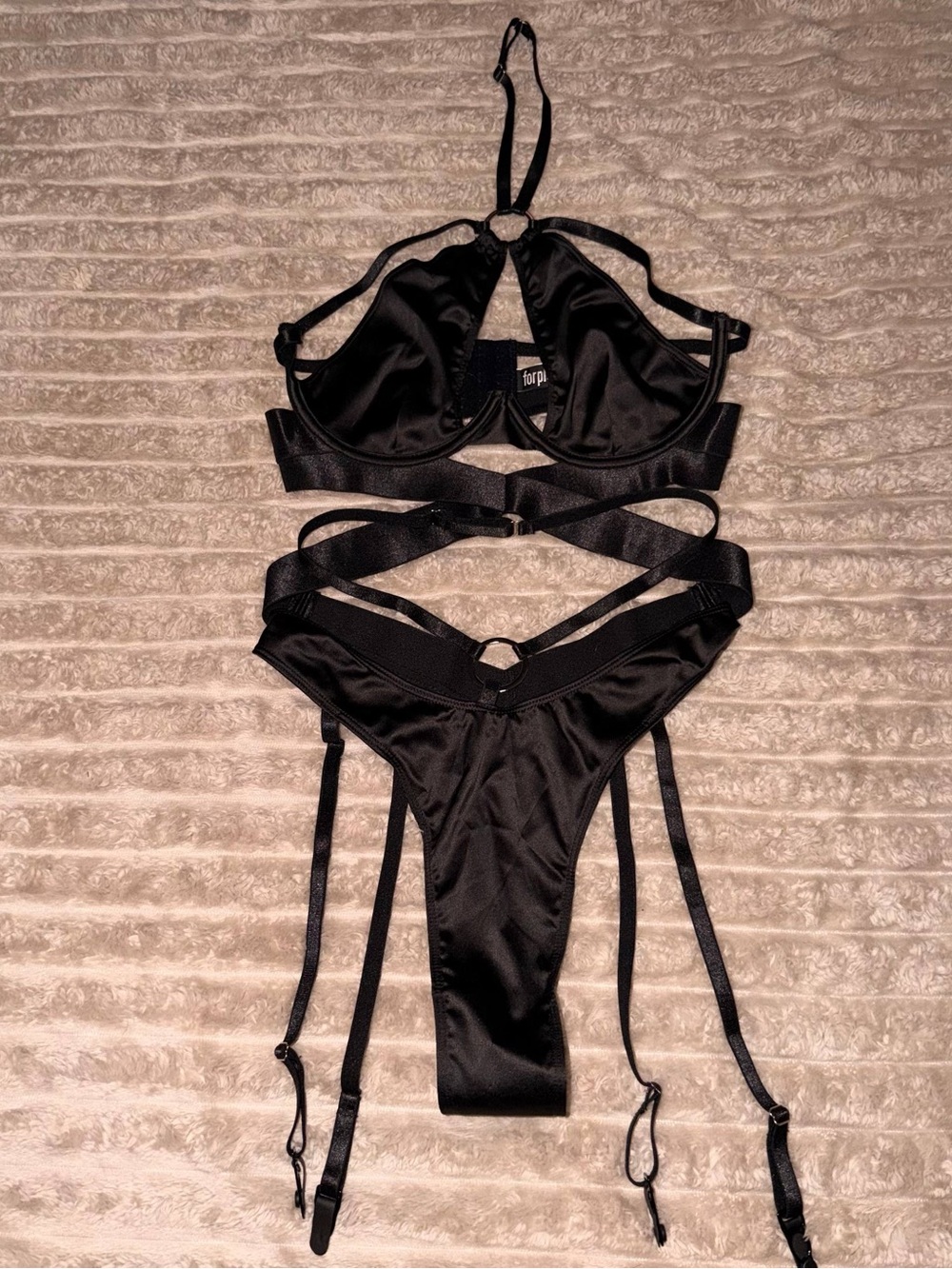 Forplay Black Strappy Satin Intimate Set